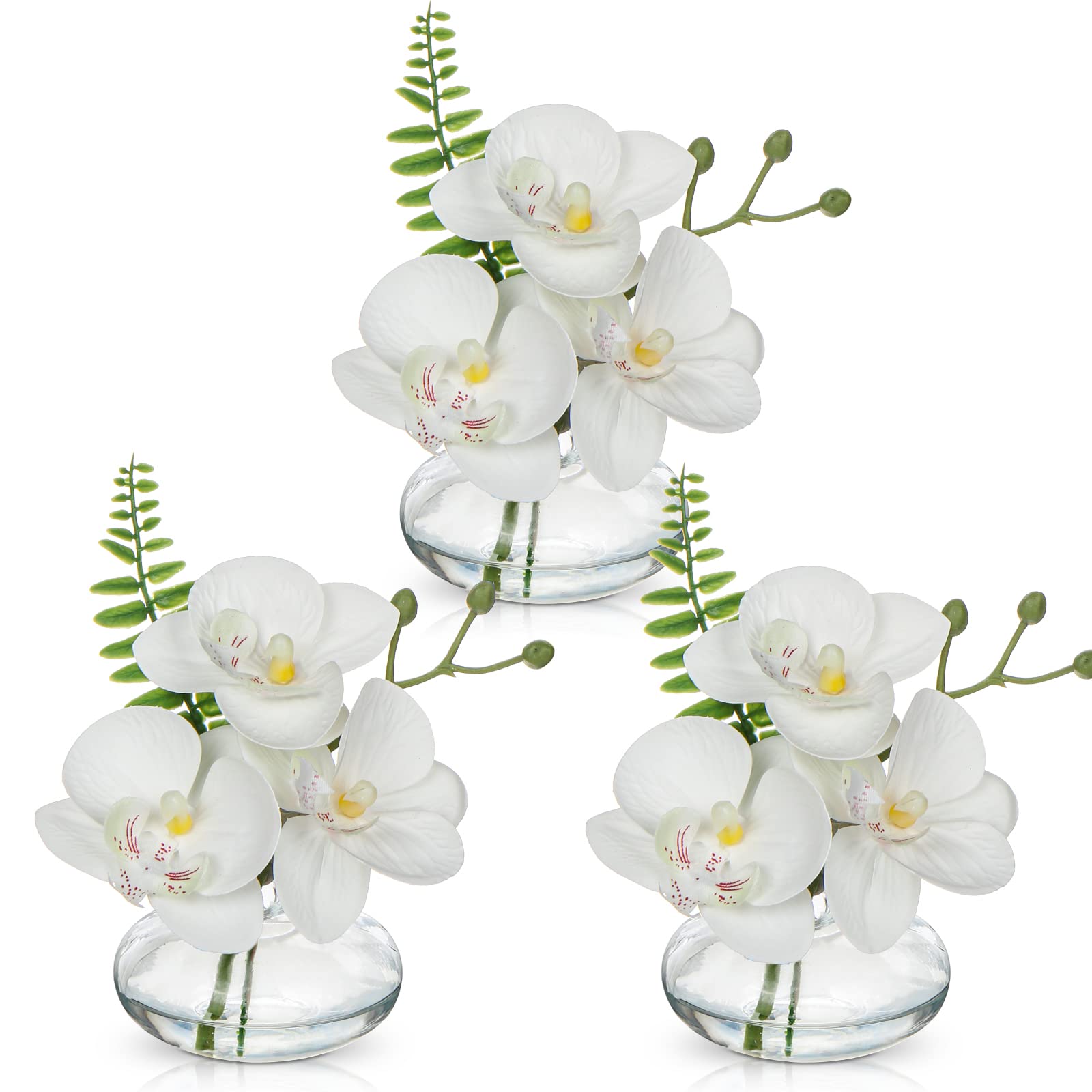 Photo 1 of White Orchids Artificial Flowers Faux Orchids Arrangement in Clear Glass Vases Set of 3 Real Touch Phalaenopsis Orchid Flowers Small Fake Orchid Centerpiece for Dining Room Table