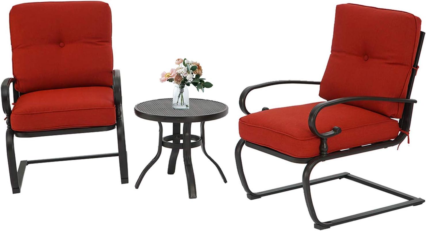 Incbruce Outdoor Indoor 3Pcs Patio Bistro Set Springs Motion Chairs and Bistro Round Table Set, Steel Frame Conversation Set with Cushions (Red)