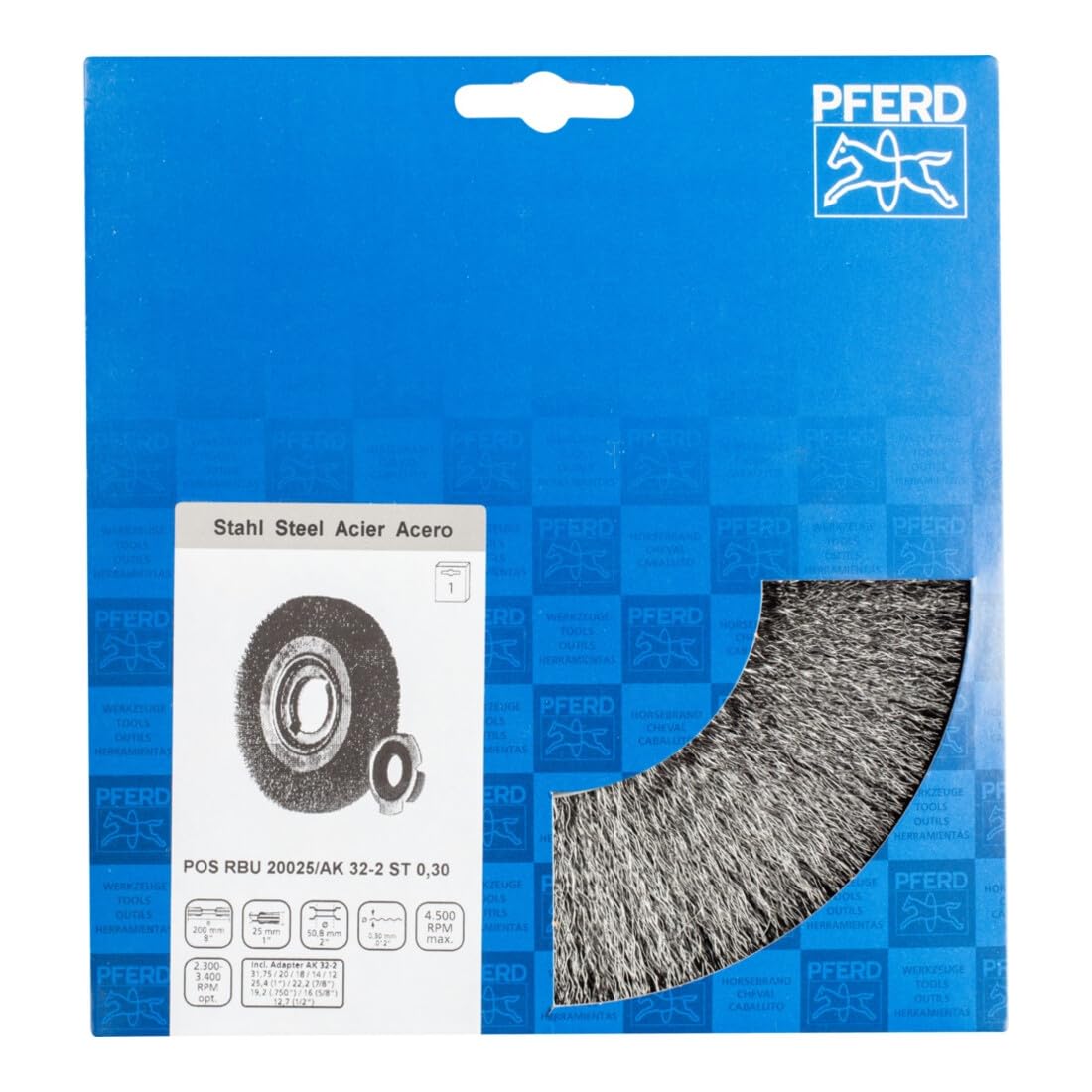 PFERD POS Round Brush Wide Untwisted RBU | Diameter 200 x 25 x Variable Bore Steel Wire Diameter 0.30 | 43701259 - for The Grinding Stand