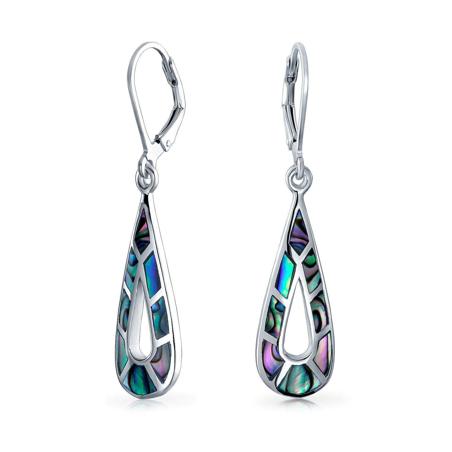 Boho Rainbow Iridescent Abalone Shell Inlay Oval Shaped Long Open Teardrop Dangle Earrings For Women .925 Sterling Silver Lever Back