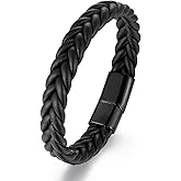 BIYONGDE Handmade Braided Leather Bracelet, Black Stainless Steel Clasp, Mens, Cool Classic Stylish