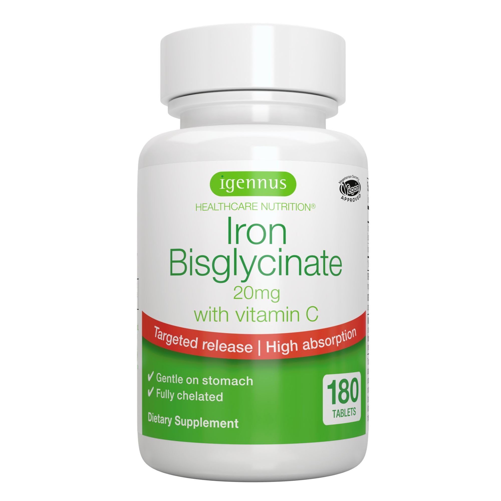 Igennus High Absorption Chelated Iron Bisglycinate 20mg, Vitamin C, 6 Month Supply, Gentle Formula, Clean Label & Targeted Release Ferrous Bisglycinate for Women and Men, One Daily, Vegan, 180 Tablets