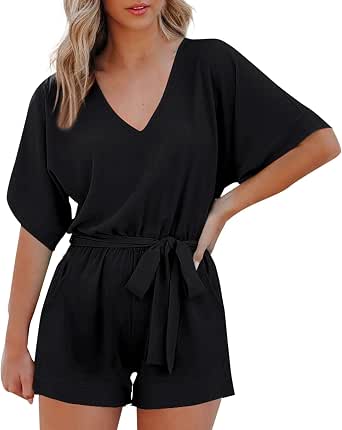Amazon.com: Overol corto de verano para mujer, vestido con pantalones  cortos para mujer, con cuello en V, cintura anudada, casual, para la playa  : Ropa, Zapatos y Joyería