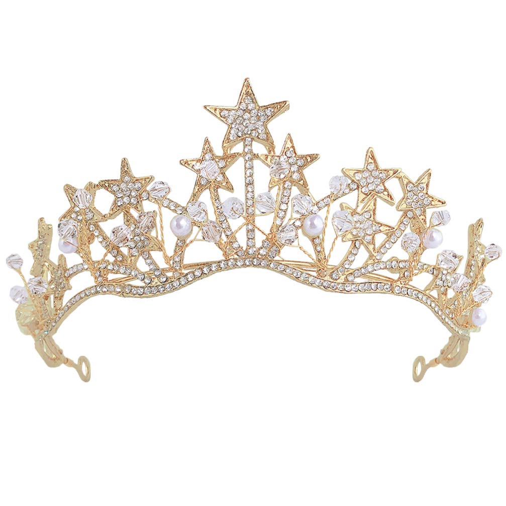 Minkissy Crystal Rhinestone Tiara Crown, Star Wedding Crown Bridal Tiara Headband for Women Girls Golden