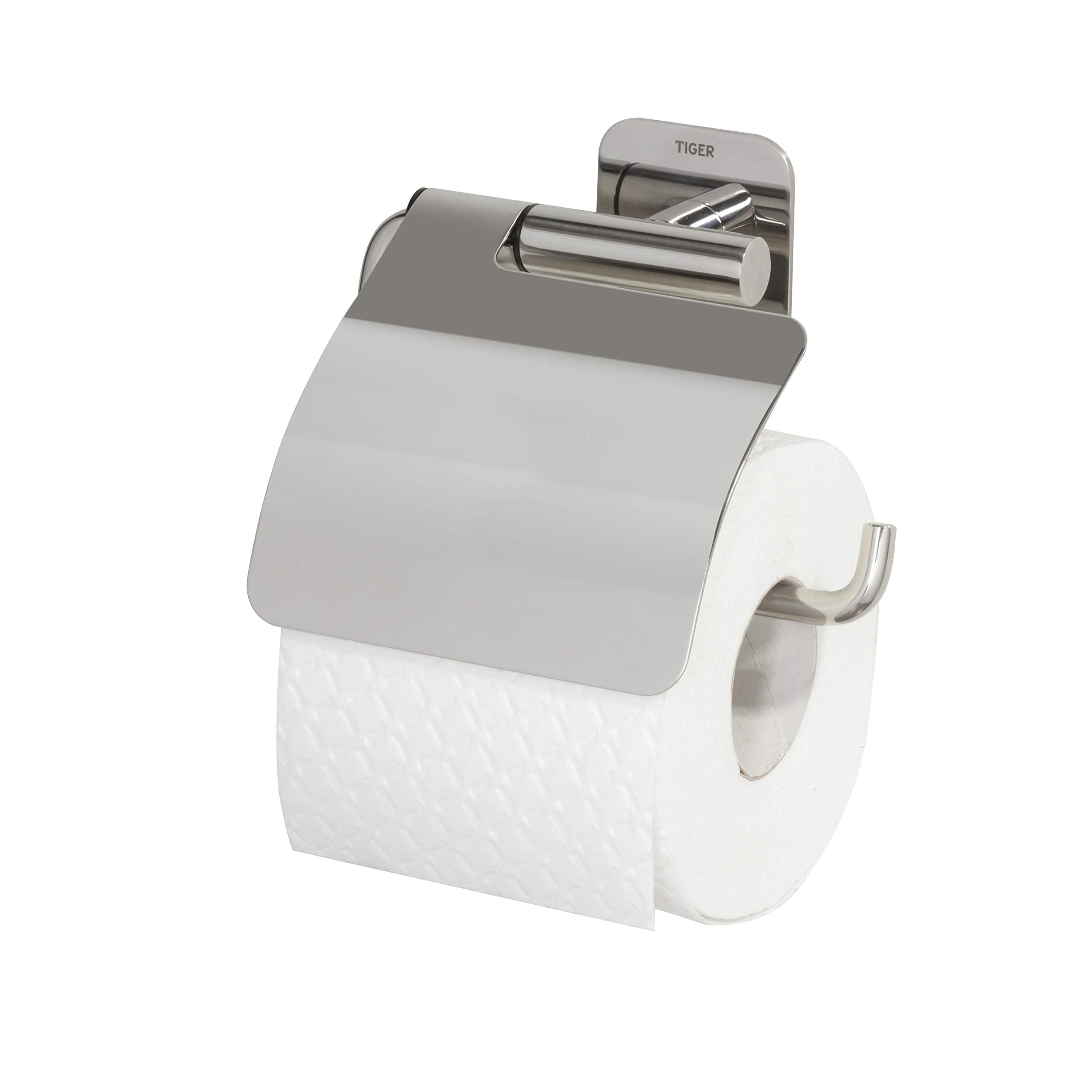 Tiger Colar Toilet Roll Holder with Cover, Mounting without Drilling, Stainless Steel Polished, 14,6x13,3x3,5 cm