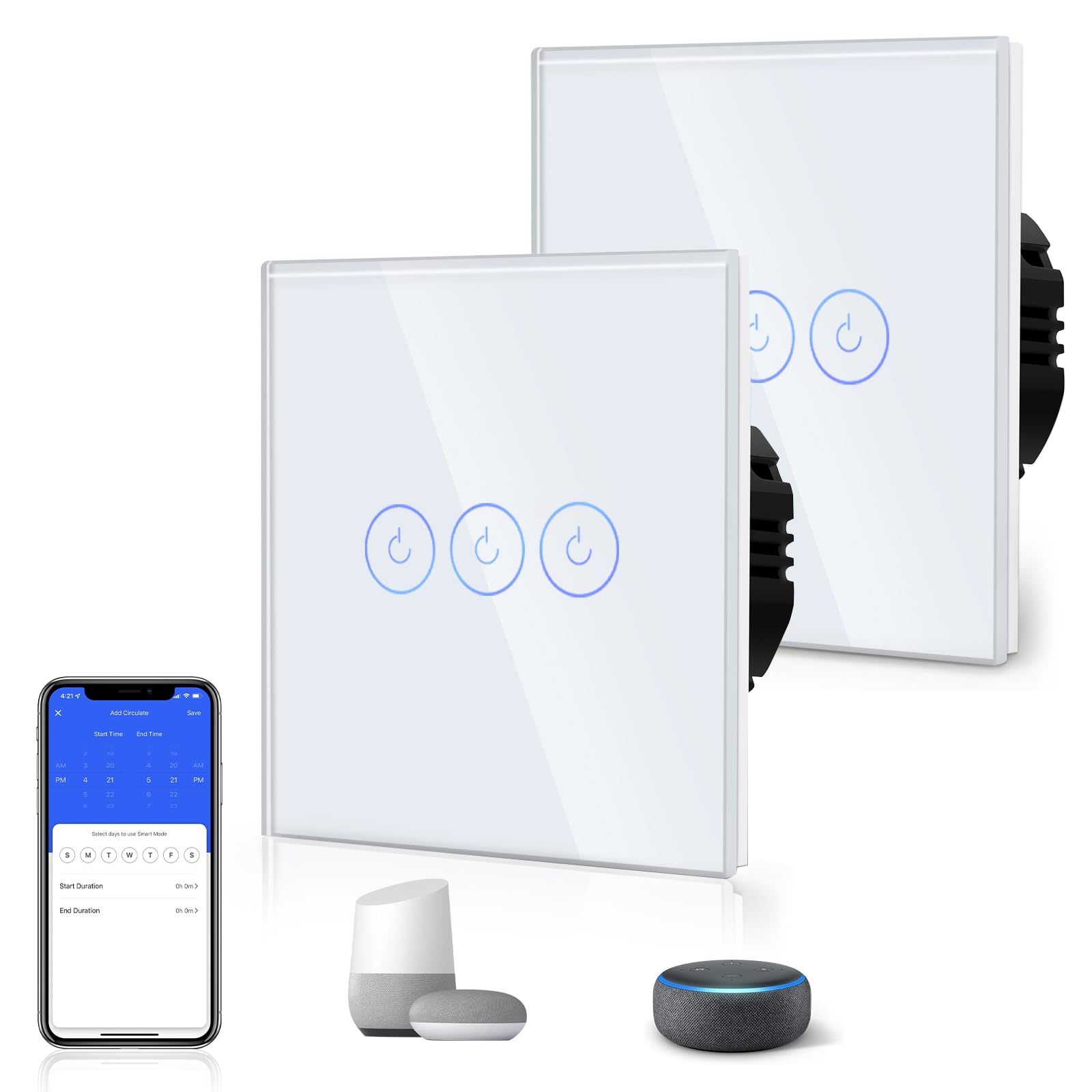 BSEED Smart Light Switch,Touch Switches for Lights,Glass Panel with Backlit,Works with Alexa & Google Assistant,Neutral Wire Required,3 Gang 2 Way(2 Pack),86mm White — image 1