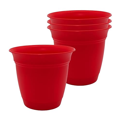 The HC Companies Eclipse Round Planter with Saucer - Outdoor & Indoor Plant Pot with Drainage Holes - Lightweight, UV-Resistant Plastic Pots for Plants, Flowers & Herbs (6" Red, Pack of 4)
