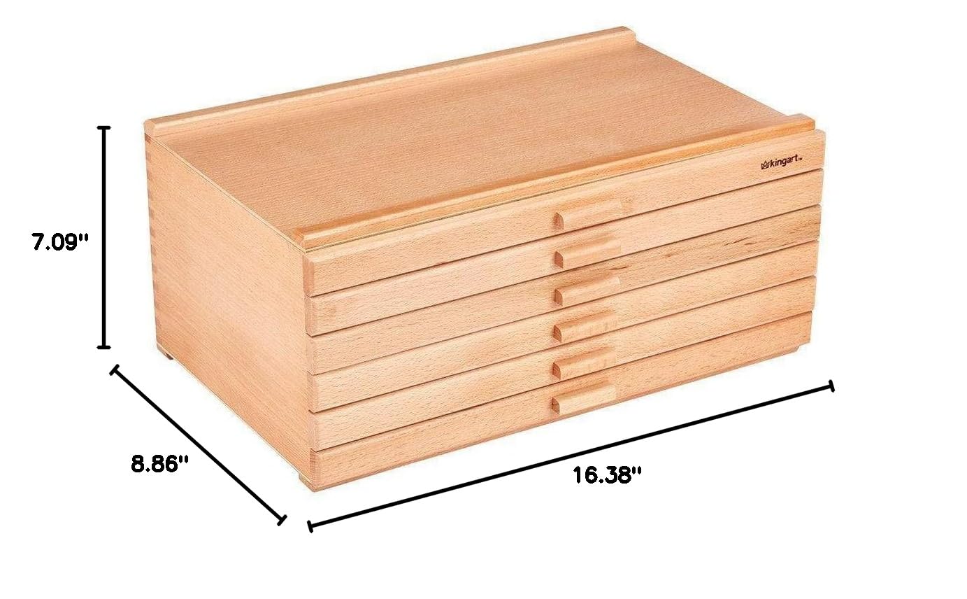 KINGART Wood 6-Drawer Artist SUPPLY STORAGE BOX, 15-3/4” W x 10” D x 6-1/2” H, Natural Finish, Storage for Art Materials including Paint Tubes, Pastels, Pencils, Markers, Brushes and more