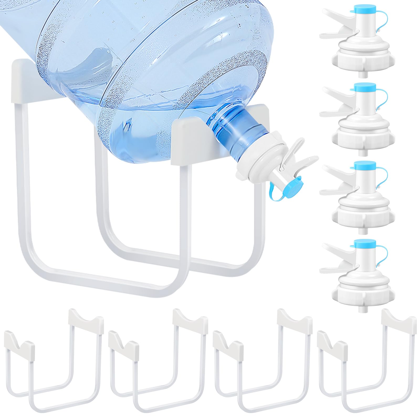Photo 1 of Cinnvoice 4 Sets Metal 3-5 Gallon Water Jug Stand and Water Dispenser Valve Non Slip Water Bottle Stand Reusable Plastic Spigot Faucet for 55mm Non Threaded Crown Top Drinking Bottle