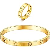 18K Gold Plated Friendship Love Bracelet with Ring Jewelry Set for Women Stainless Steel Cuff Oval Bangle Simple Hinged Cubic Zirconia Stones Bangle Cuff Best Gifts for Mother's Day Valentine's Day Wedding Couples and Birthdays