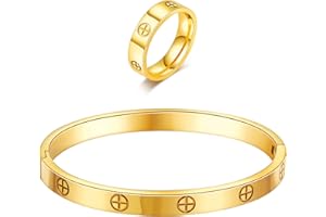 SFLOEMM 18K Gold Plated Friendship Love Bracelet with Ring Jewelry Set for Women Stainless Steel Cuff Oval Bangle Simple Hinged Cubic Zirconia Stones Bangle Cuff Best Gifts for Mother's Day Valentine's Day Wedding Couples and Birthdays
