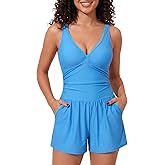 Smismivo Swim Rompers for Women One Piece Tummy Control Swimsuits Modest Full Coverage Bathing Suits with Shorts and Pockets