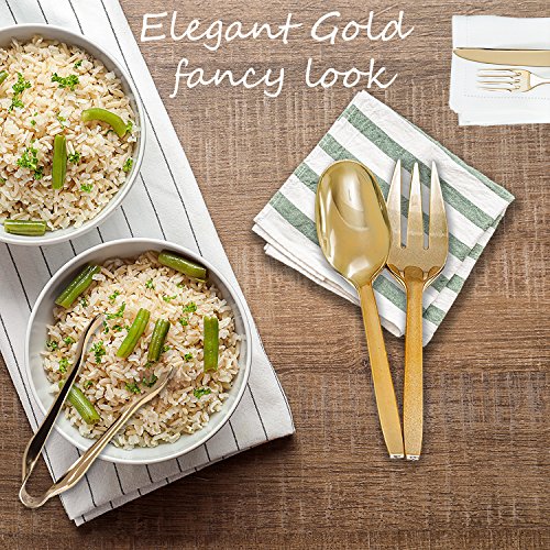 Gold Disposable Plastic Serving Utensils - Four 9 Inch Forks, Four 9 Inch Spoons and Four 6 1/2 Inch Serving Tongs