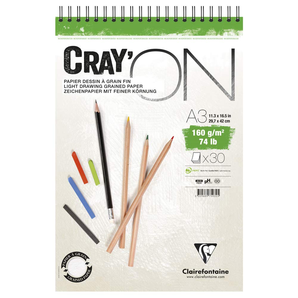 Clairefontaine - Ref 975032C - Cray'On White Wirebound Sketch Pad (50 Sheets) - A3 (29.7 x 42cm) Size, 160gsm 100% Cellulose Paper, Grained One Size & Smooth Other Side