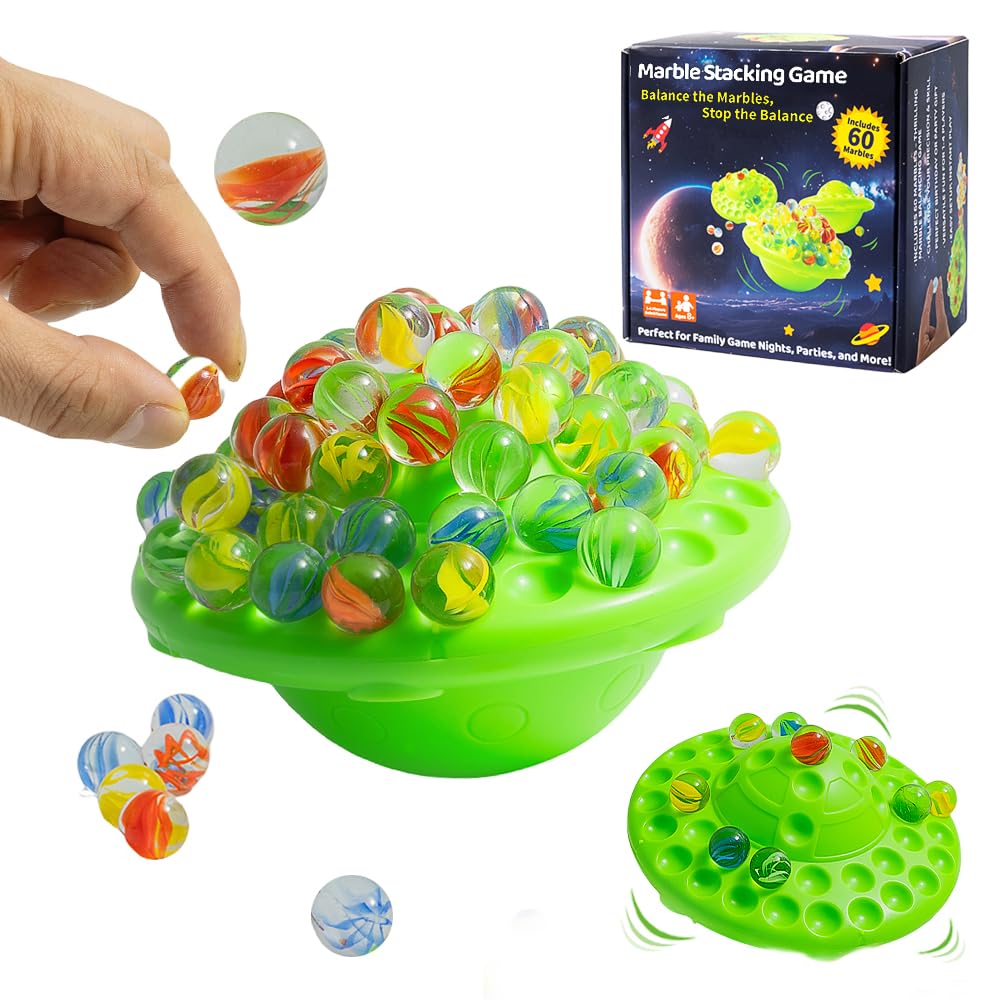 WJUAN Balance Adventure Marble Game - 60 Colourful Glass Marbles with Storage Compartment | Fun Family Activity for 1-4 Players | Ideal for Kids and Adults