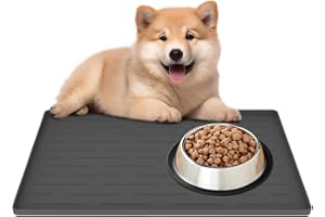 CINEZUN Silicone Pet Feeding Mat for Dogs & Cats, 16" x 10" Waterproof Non-Slip Dog Bowl Mat with High Raised Edge to Prevent Spills, Easy Clean Pet Food Mat for Floors, Dark Gray