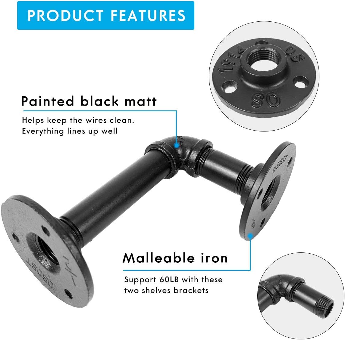 Industrial Pipe Shelf Brackets for Shelves 8 10 12 Inch, Black Metal L Pipe Floating Shelf Bracket - Heavy Duty Decorative Wall Shelving Bracket Rustic Farmhouse Vintage Style - 6 Pack: Home Improvement