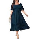 CICIDUDU Plus Size Smocked Maxi Dresses for Curvy Women Square Neck Flowy Casual Summer Wedding Guest Dress