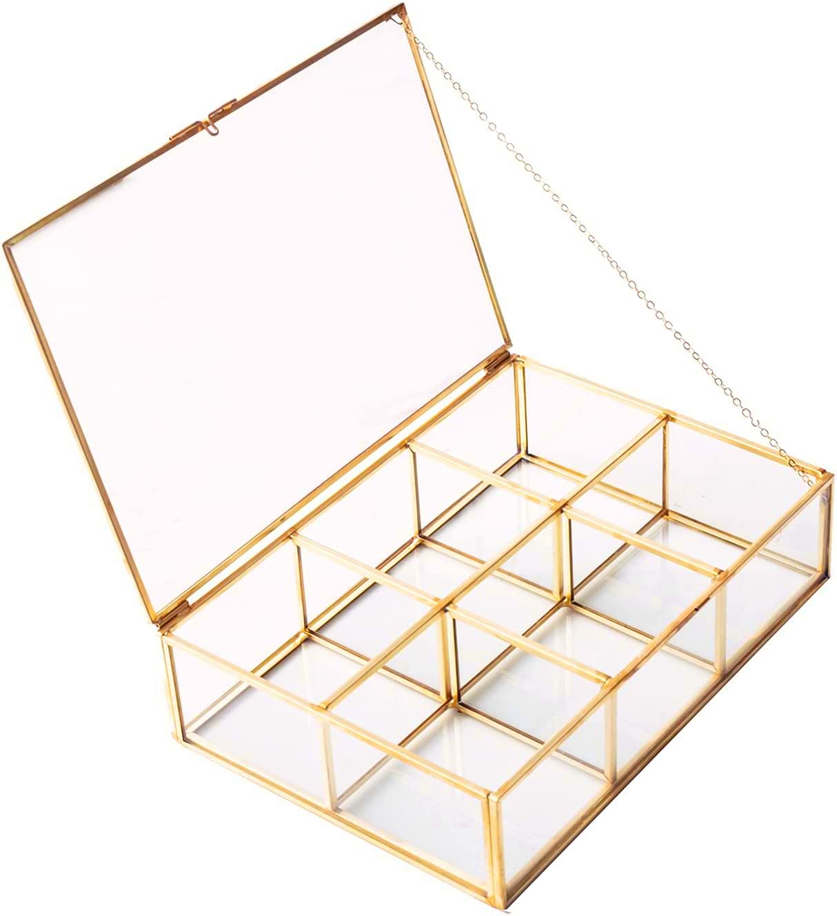 Golden Vintage Glass Box Clear Glass & Brass Metal Storage Jewelry and Cosmetic Makeup Lipstick Holder Organizer Beauty Display, 6 Compartment