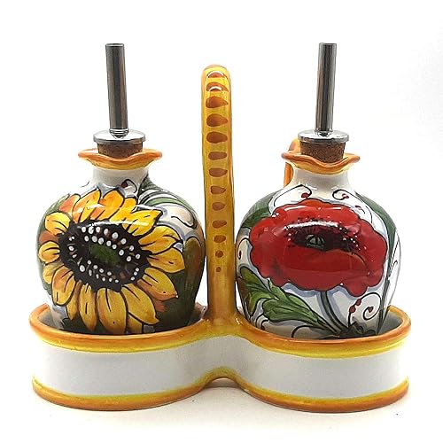 Italian Ceramic oil and vinegar dispenser set Sunflower and poppies 7 oz Hand