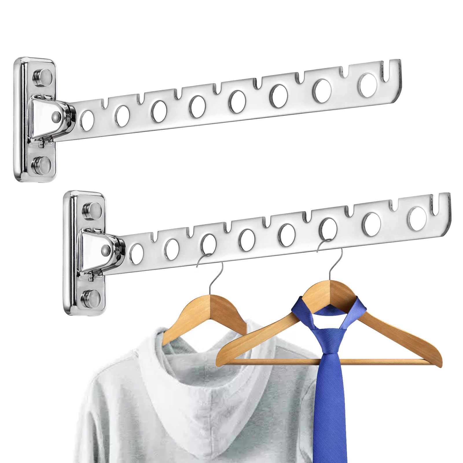 Hiceeden 2 Pack 16 Hangers Folding Wall Mounted Clothes Hanger Rack, 12 Inch Stainless Steel Laundry Drying Rack Collapsible, Wall Mounted Dryer Racks Hanger for Indoor&Outdoor Use