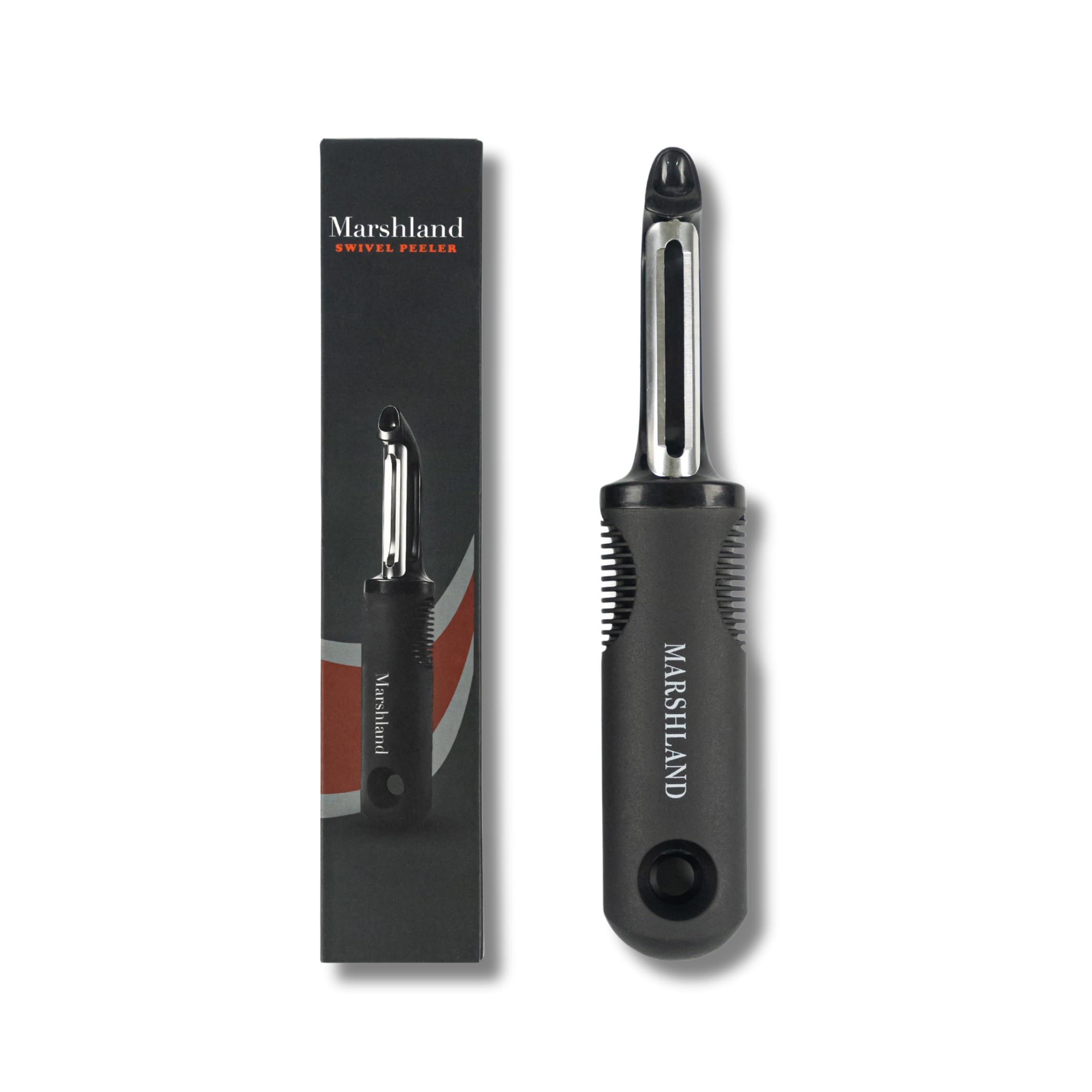 Marshland Premium I-Shape Swivel Vegetable & Fruit Peeler - Non-Slippery Stainless Steel - Durable & Dishwasher Safe Potato Peeler for Kitchen, Strong Grip Skin Peeler (Black)