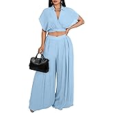 Lounge Sets for Women Two Piece V Neck Crop Top Flowy Pants Set Vacation Travel Summer Outfits