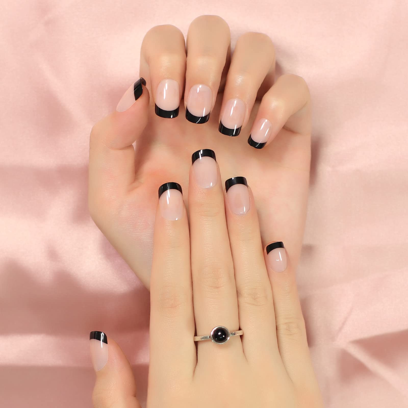 Black Tip Classy Finish Polish Press On Nails Medium-Short French Square Gel Acrylic Manicure DIY Reusable False Nails 24pcs - Image 6
