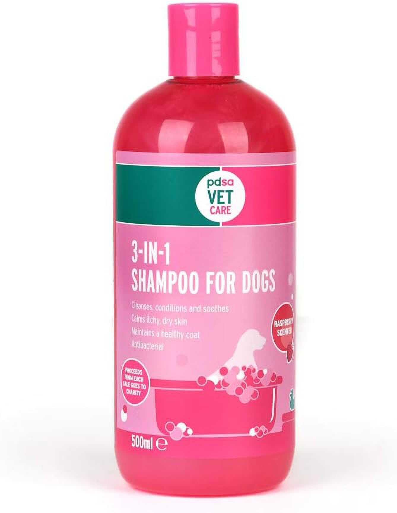 PDSA 3-in-1 Dog Shampoo 500ml – Antibacterial & Deodorising – Gentle Aloe Vera Formula for Sensitive Skin with Long-Lasting Raspberry Fragrance