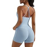 OMKAGI 2 Piece Workout Sets for Women Padded Sports Bra Tank Booty Gym Shorts with Pockets