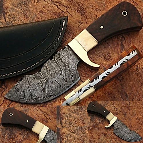Damascus Steel Skinner Knife w/ Walnut Wood & Camel Bone Handle & Sheath (Limited Edition)