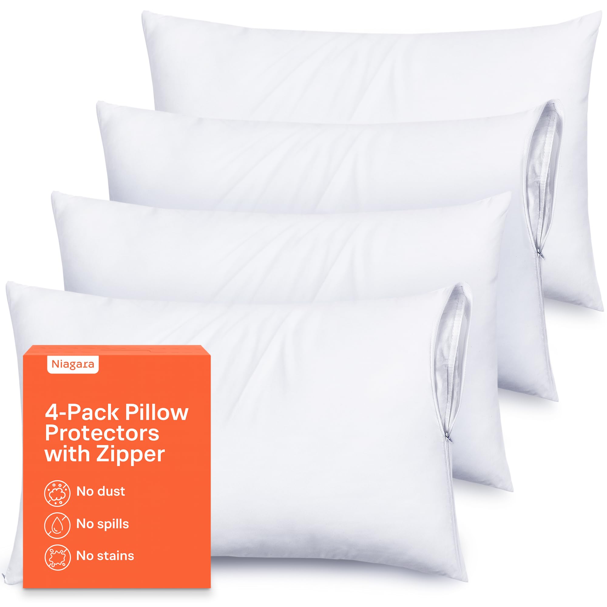 Photo 1 of Ultra Soft Pillow Protectors with Zipper Queen Size - Set of 4 Breathable Pillow Covers - 100% Protection Against Stains, Dust & Dirt - Machine Washable (White)