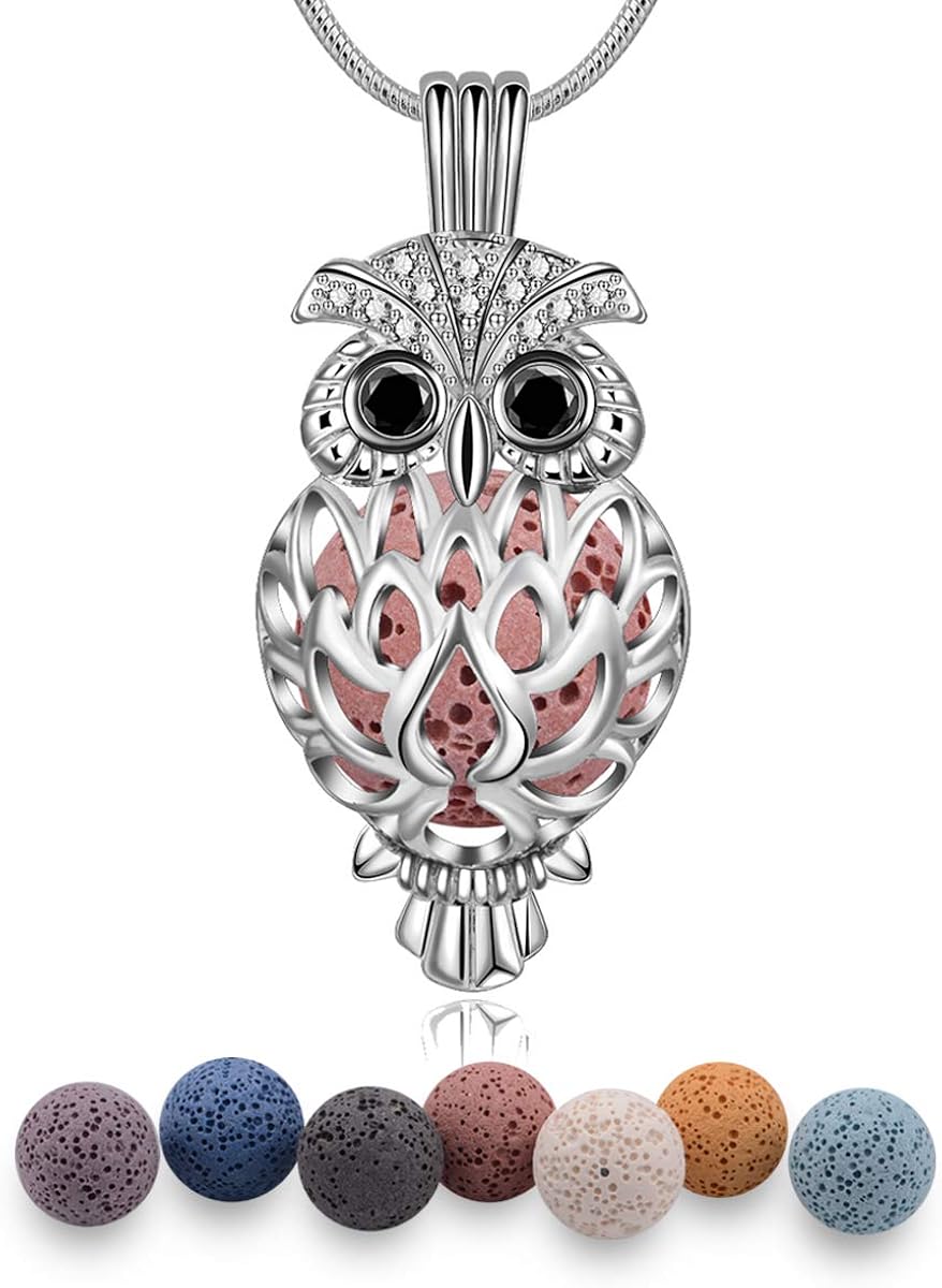 EUDORA Aromatherapy Diffuser Oil Owl Necklace for Women Aromatherapy Essential Oil Diffuser Pendant with 7PCS Lava Stone, 24"