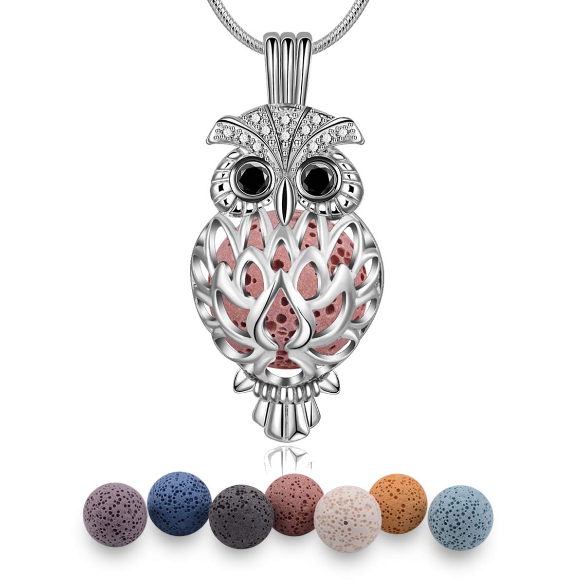 EUDORA Aromatherapy Diffuser Oil Owl Necklace for Women, Aromatherapy Essential Oil Diffuser Pendant with 7PCS Lava Stone, 24"