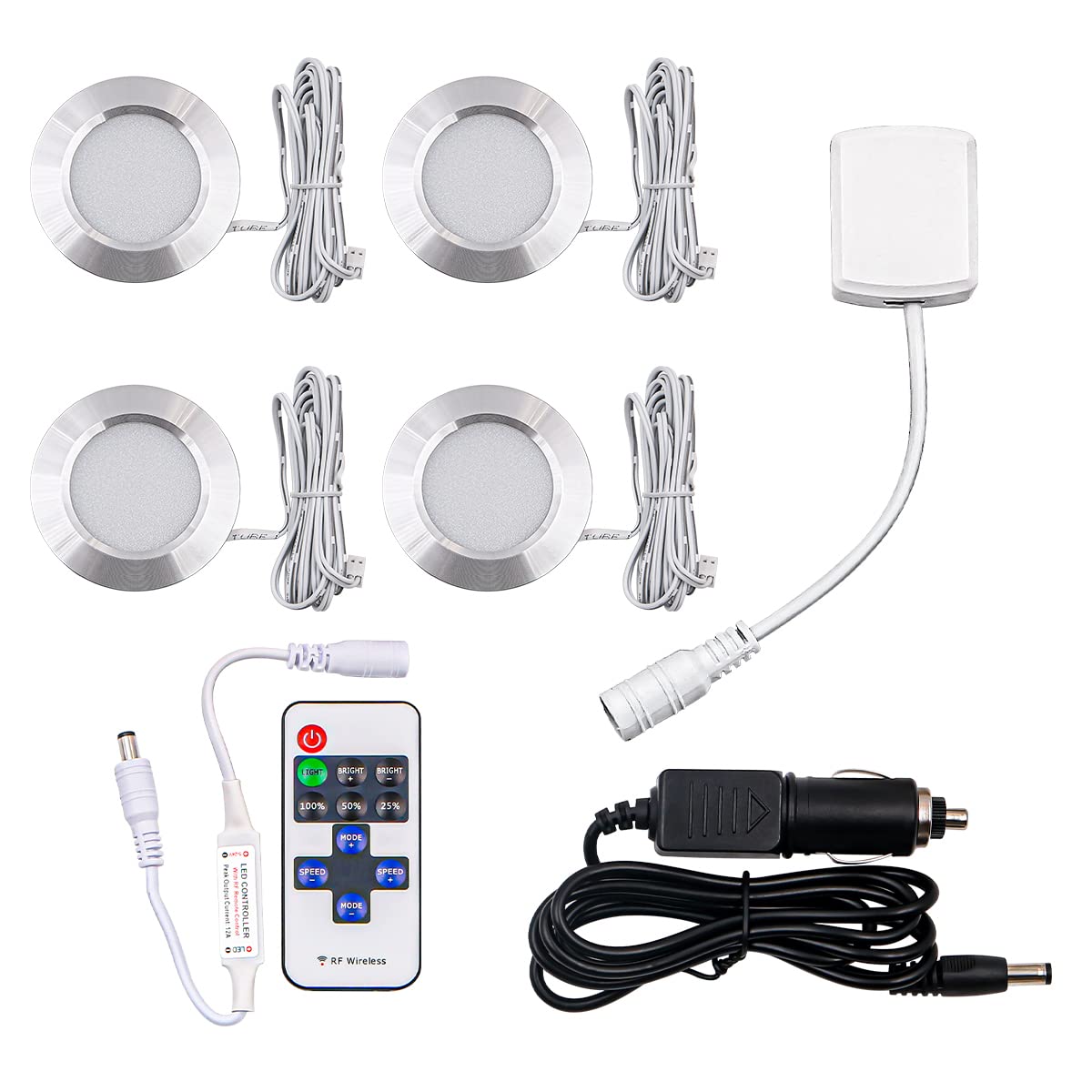 NUZAMAS 4 Linkable Under Cabinet LED Lightings Remote Control 3W Dimmable Lights, Cupboard Lights Under Counter Lights for Closet Showcase Bookshelf Wardrobe White 6400K, Caravan,Recessed LED Panel