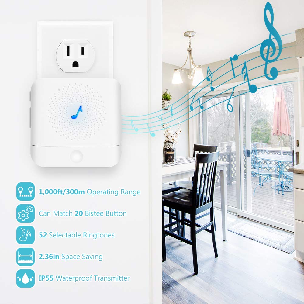 Waterproof Wireless Doorbell Kit- 1000 Feet Long Range, 4 Volume Levels, 52 Melodies Chimes, LED Flash Indicator for Home, Office, Shops, Classroom, Hospital