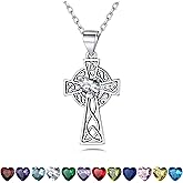 Bestyle Silver Celtic Cross Necklace with 12 Month Heart Birthstone, Dainty Celtic Birthstone Necklace Silver Chain for Women Faith Irish Amulet Lucky Birthstone Jewelry