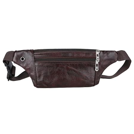 Yourig Classic Men Waist Packs PU Leather Shoulder Bags Zipper Handbag(Dark Brown)