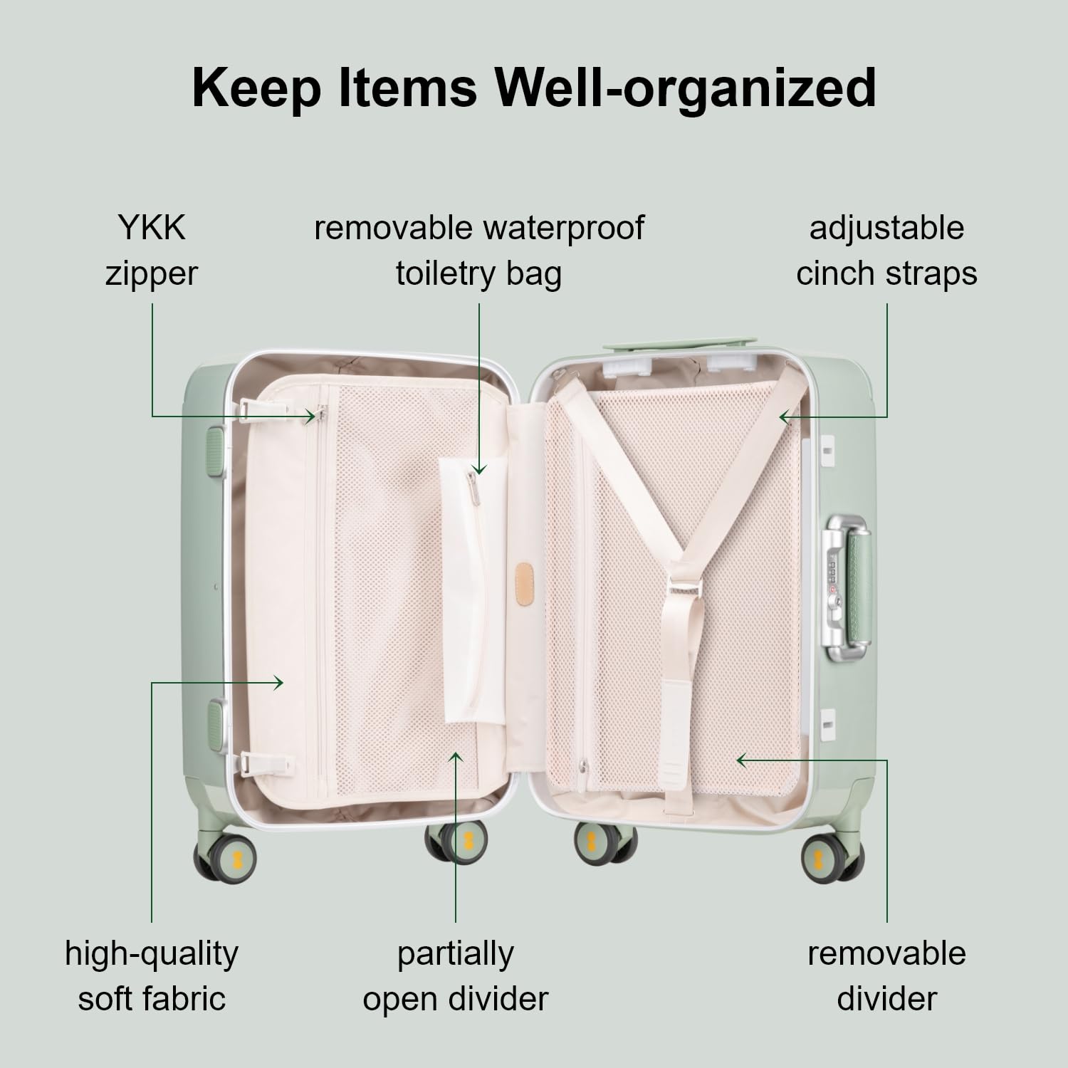 LEVEL8 Zipperless Carry On Luggage Airline Approved with Aluminum Frame, Cute Hardside Suitcase with Spinner Wheels, Metal Rolling Travel Case with Tsa Locks, 20 Inch, Light Green