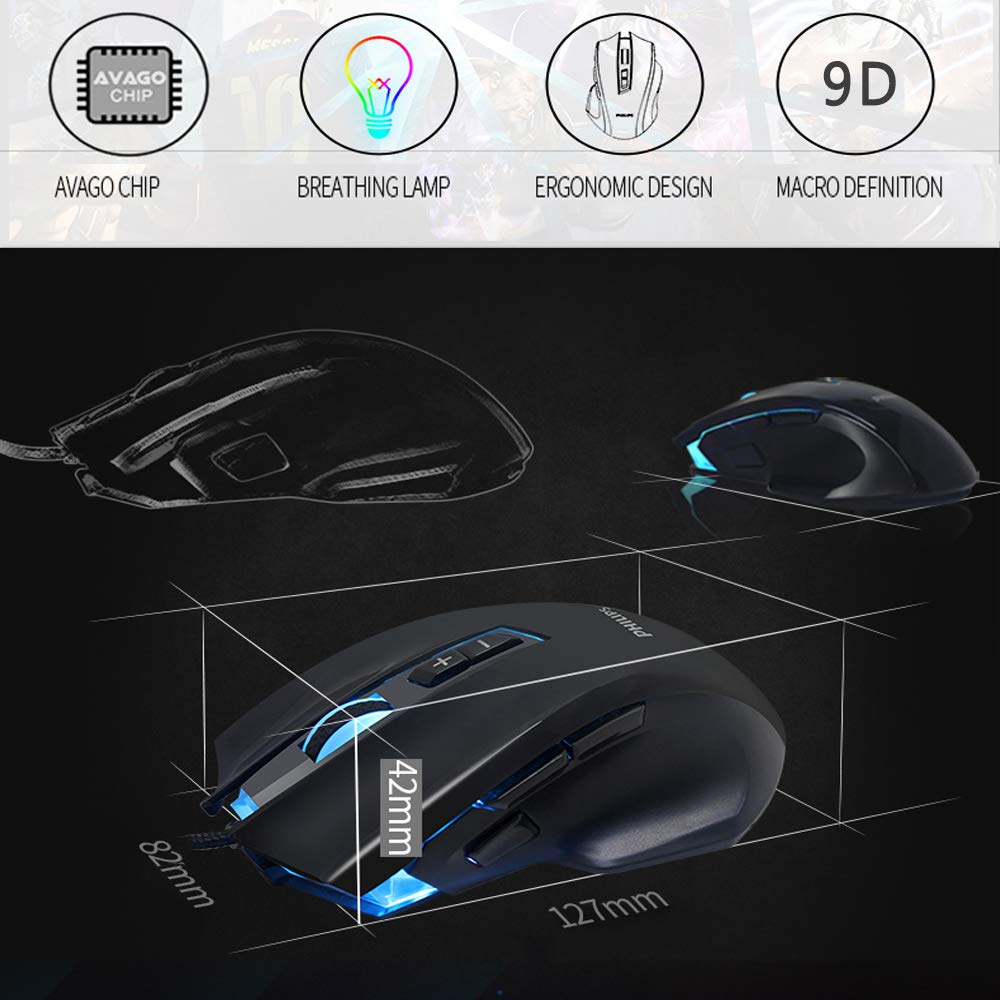Philips Gaming Mouse, USB Wired Optical Gaming Mice with 4000 DPI High Precision, 3 Programmable Side Buttons, 4 Adjustable DPI Levels, 8 Buttons with 7 Backlight Modes for Notebook, PC, Laptop, Macbo