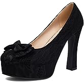 Elerhythm Women's Mary Jane Closed Toe Elegantes Gothic Lace Pumps Sweet Bow Platform High Heels Shoes