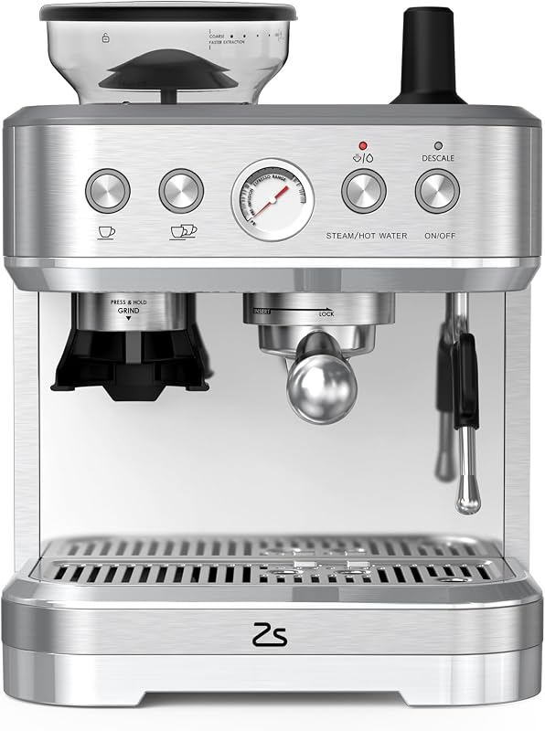 Máquina de café italiana automática com moinho integrado – 15 bares e controlo PID – espresso profissional em casa com bico a vapor, tanque de 2,3L, aço inoxidável, prata