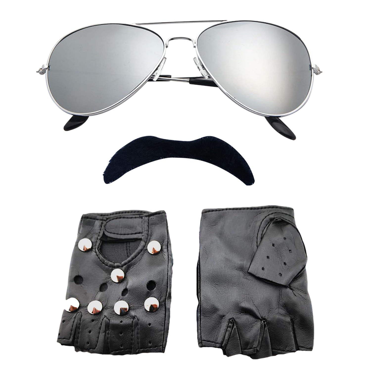 Nereds 2Pcs 80s Rockstar Accessories Sunglasses Fingerless Gloves Moustache Rocker Accessories for 80s Men Costume Outfit