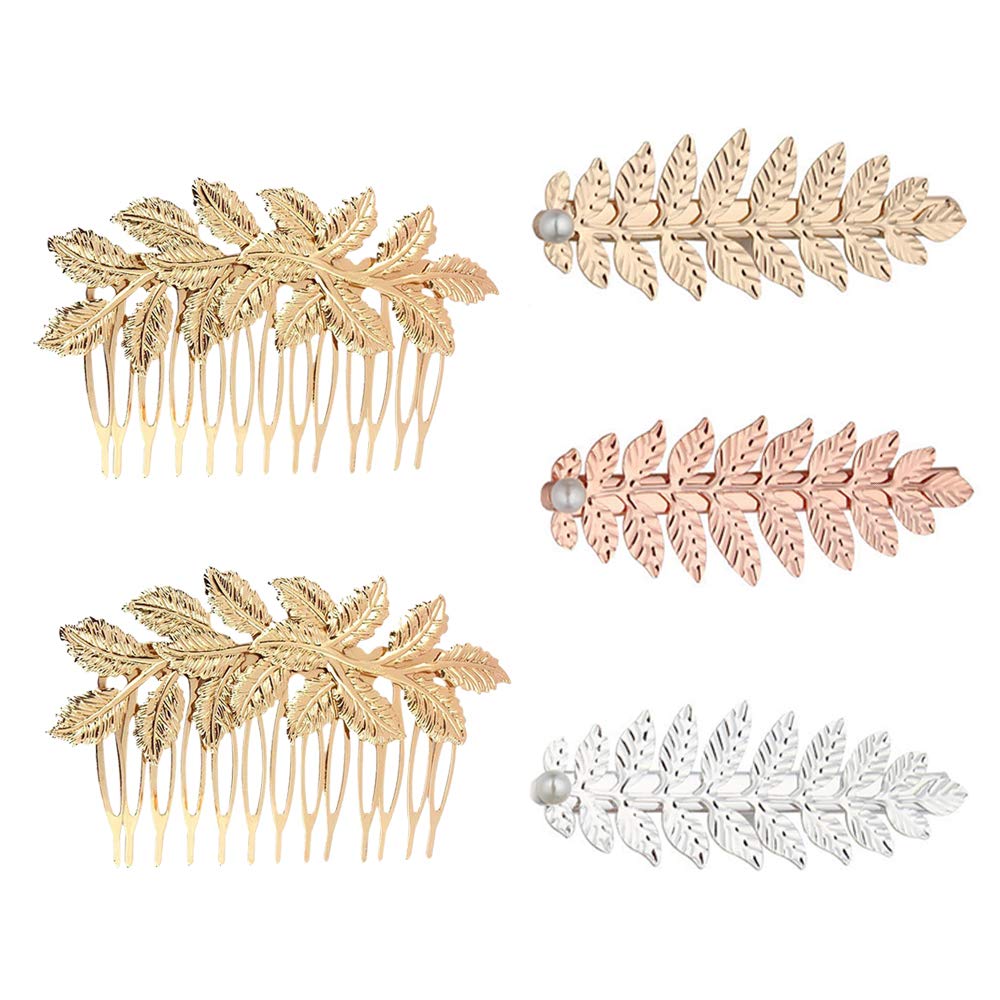 Hair Side Comb Leaf Hair Clip Decoration,5 PCS Metal Wire Teeth Hair Comb Wedding Hair Combs Decorative Leaf Hair Clip for Women Girl Fine Hair and Bridal Hair