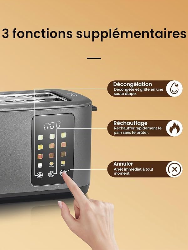Grille Pain 4 Tranches, Longue Fente Toaster avec écran Tactile, 9 Niveaux de Dorage, 3 Types de Pain, Inox Grille Pain, Tiroir Ramasse Miettes Amovible, D'annulation/Décongélation/Réchauffage, Gris — photo 5 sur 8