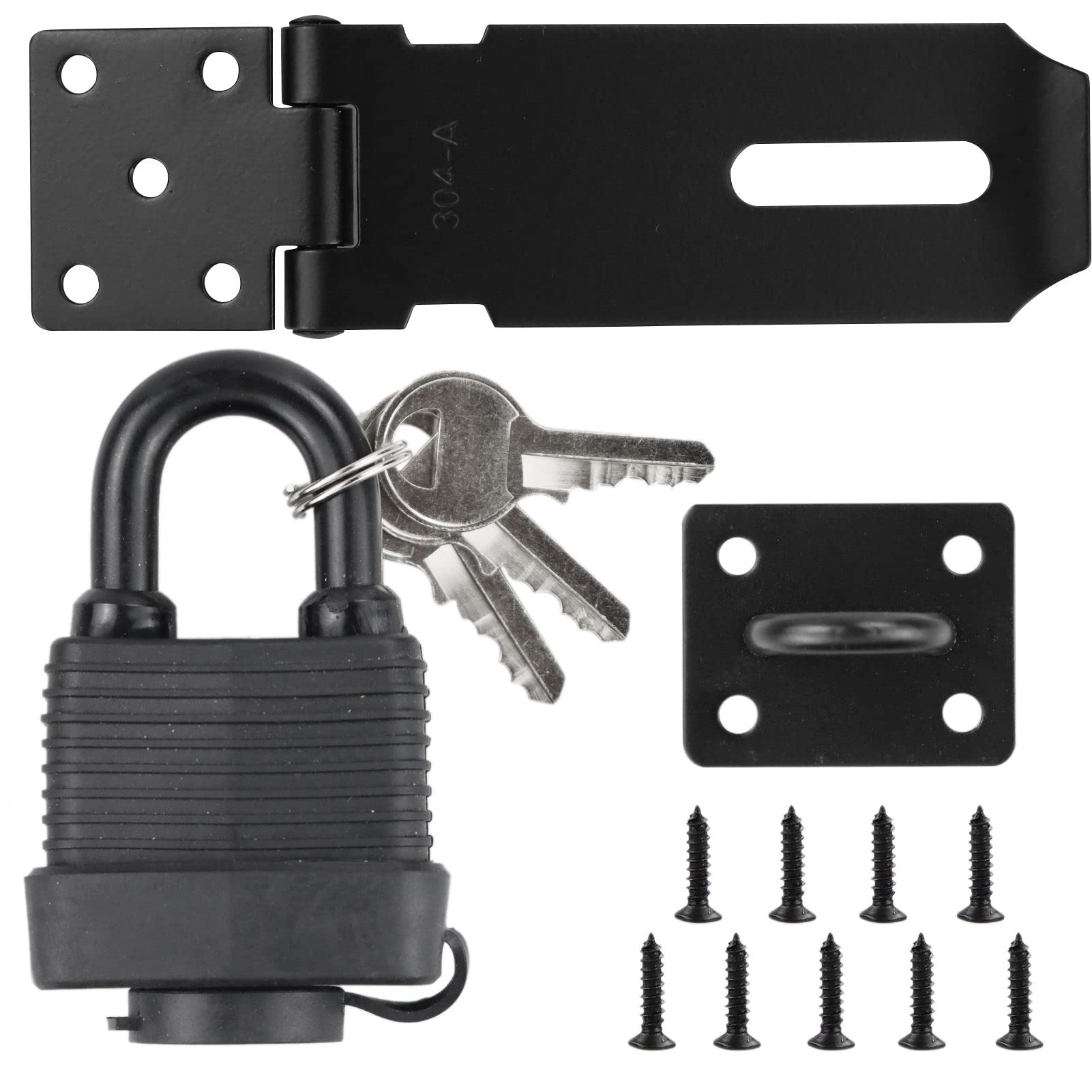 Door Lock,Bedroom Door Lock,Shed Lock,Door Lock with Door Padlock and Screws Heavy Duty and Staple with Padlock Stainless Steel Door Lock for Bedroom Garden Windows Shed Garage Cabinet Black