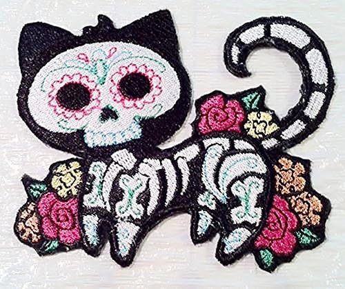 Custom and Unique (4" x 3.2" Inch) Holiday Spooky Day of The Dead Sugar Skeleton Dead Feline Cat Iron On Embroidered Applique Patch {White, Pink, &amp; Green Colors}