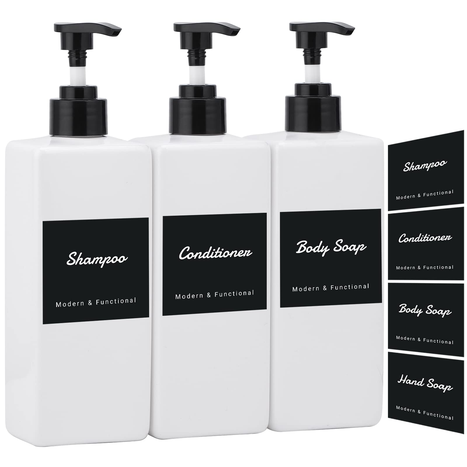 Segus Shower Gel Dispenser, 3 Pieces Pump Bottle Dispenser 500ml, Empty Soap Bottle Kitchen, Bathroom Bottles with Labels (White)