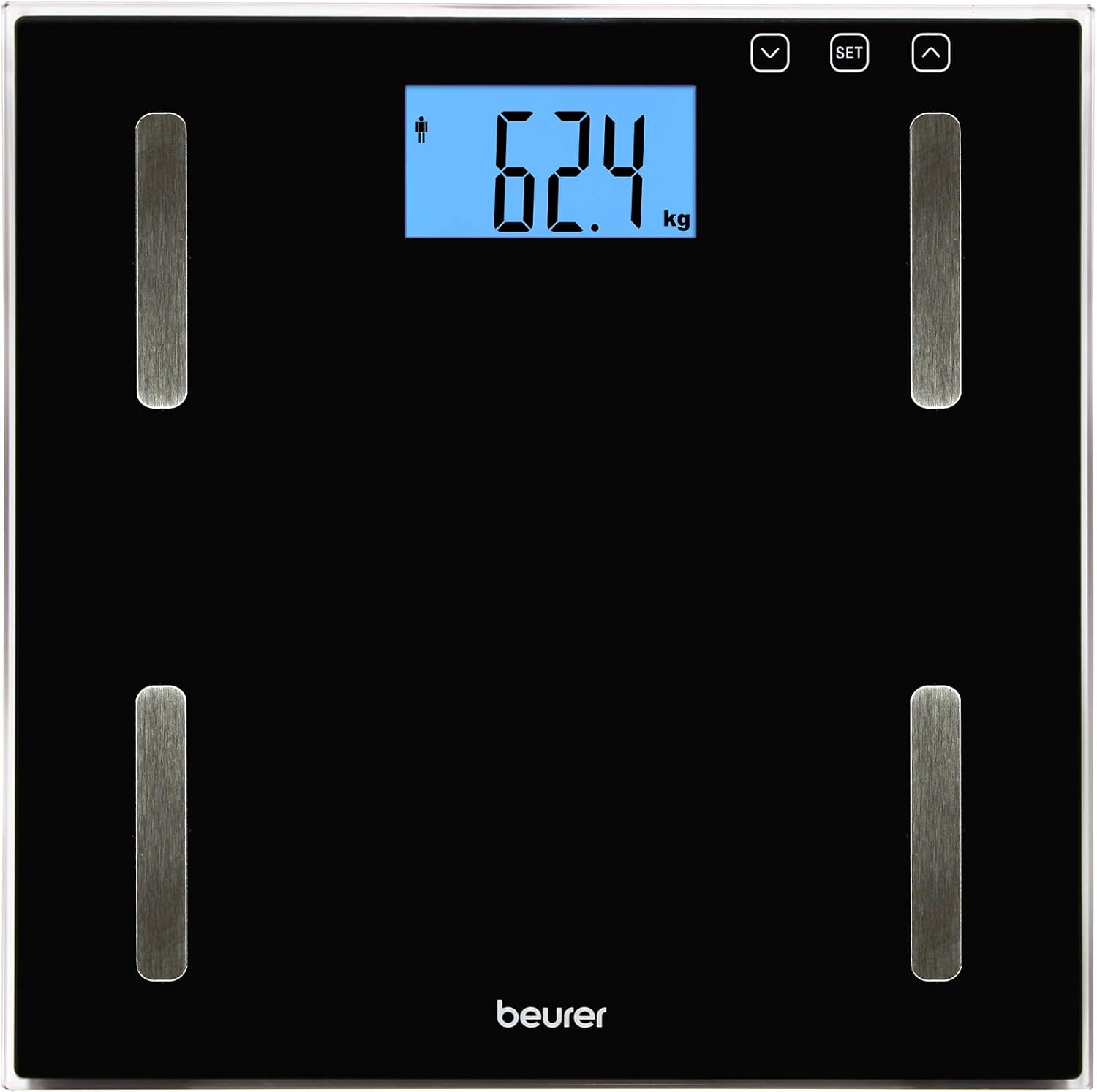 Beurer BF179 Báscula Digital Diagnóstica con Calculo IMC de Vidrio, Pantalla LCD XXL, Gran Plataforma, Color Negro