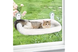 Zoratoo Cat Window Perch, Cordless Cat Hammock Window Seat with Cozy Pad Bed Cover for Indoor Cats, Durable Metal Frame Support Pet Bed with 4 Suction Cups for Large Cats (Cushion Pad Bed - White)